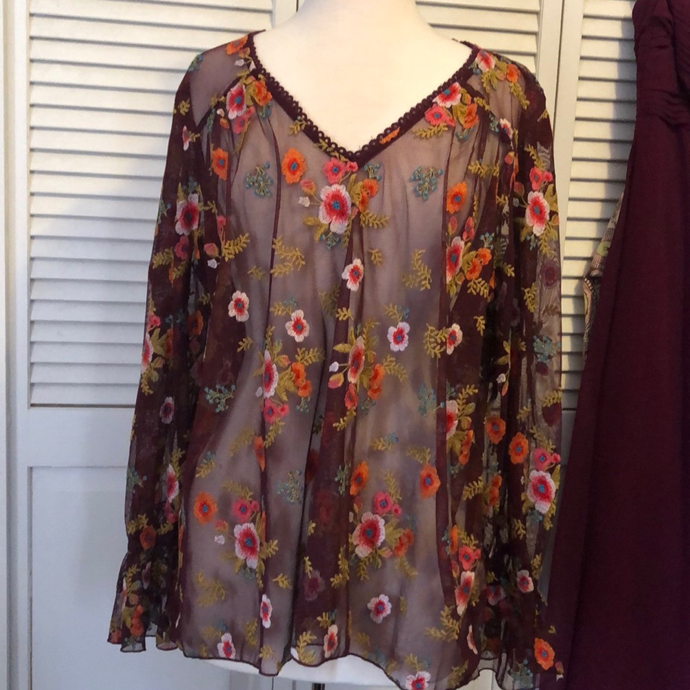 Anthropologie sheer burgundy flower boho top XL